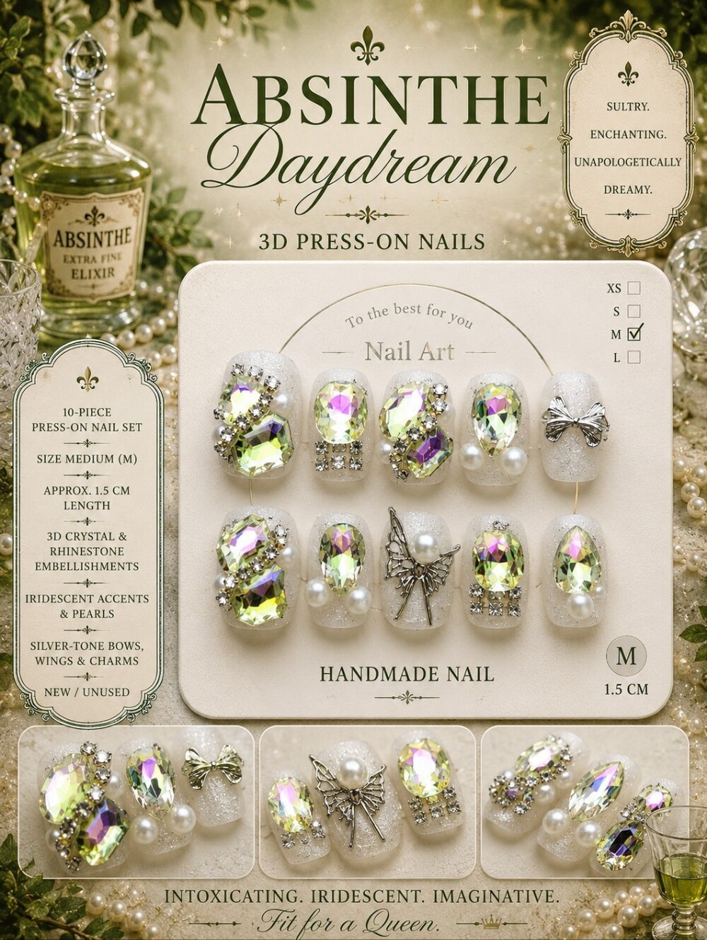 🧚 Absinthe Daydream | Iridescent Crystal Press-On Nails